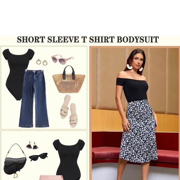 Off shoulder Short Sleeve Tank top Bodysuit - Picture 3 of 5